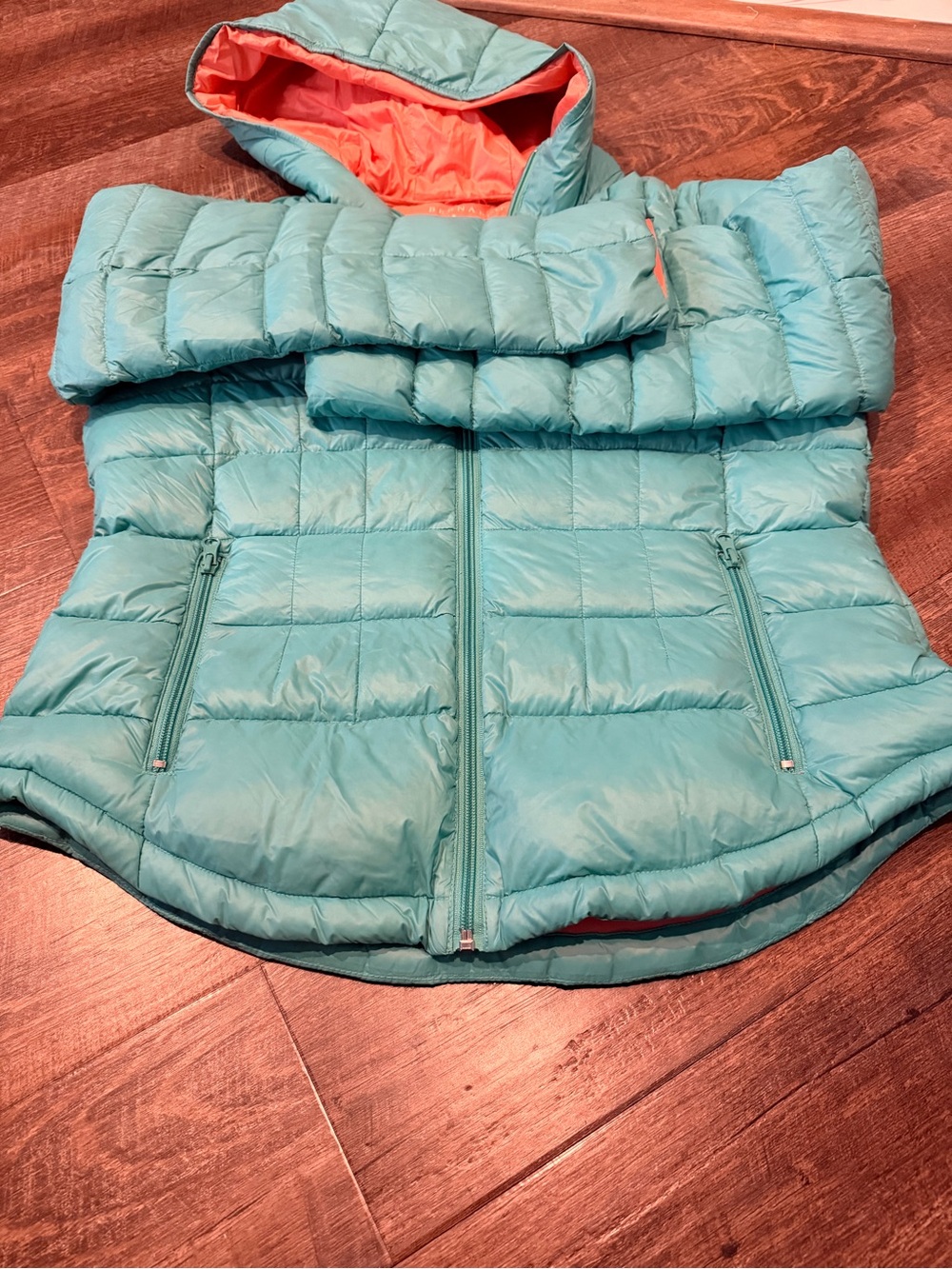 Bernardo Lightweight Hooded Puffer Jacket Women’s Large Teal Green Coral - Picture 2 of 4